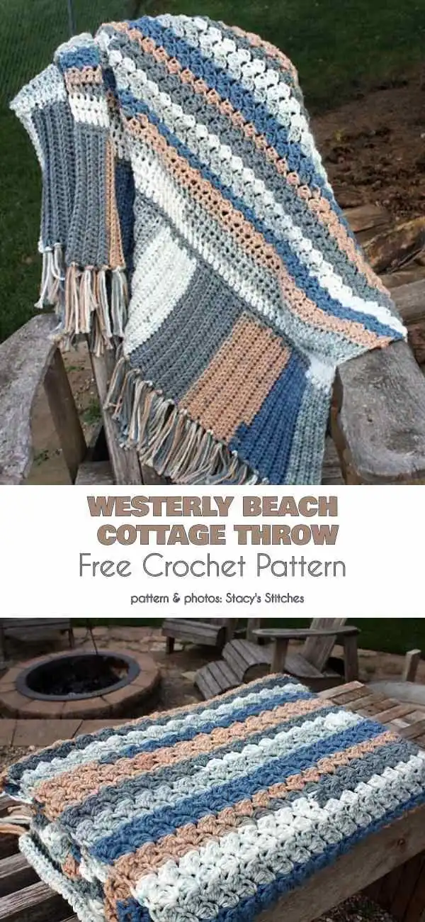 Jenni’s Favorite Chunky Throw, a dark grey crochet blanket with a distinct border, draped over an armchair.