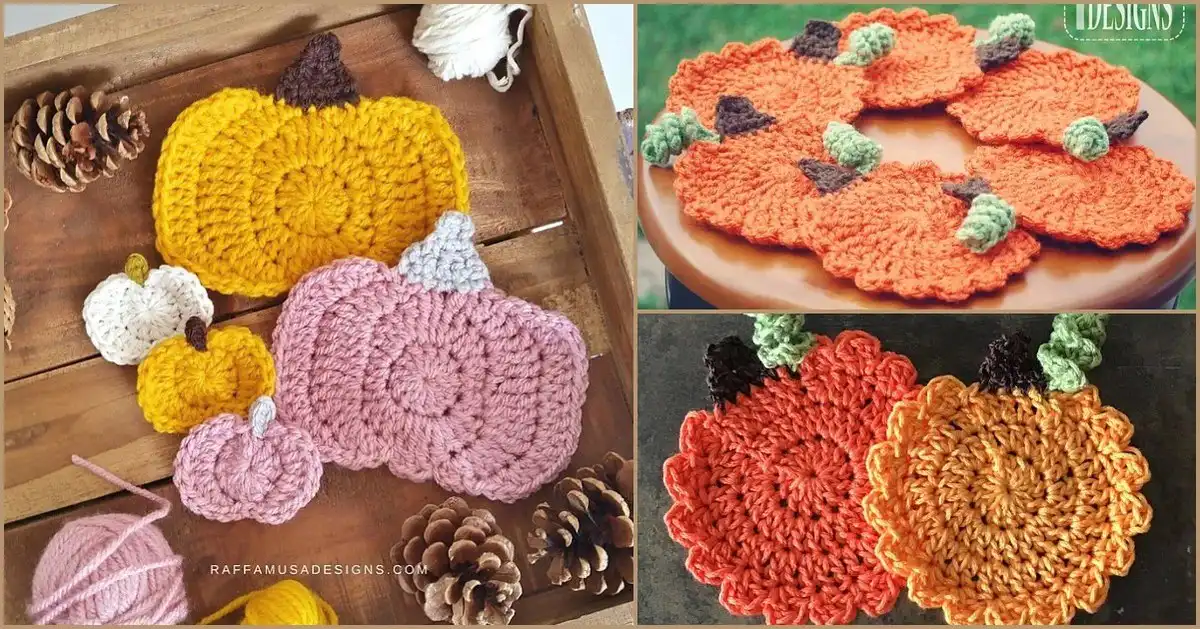 A collection of various crocheted fall coasters including pumpkins, leaves, and autumn-themed designs displayed on a rustic wooden table, showcasing Fall Coaster Ideas and Free Crochet Patterns.