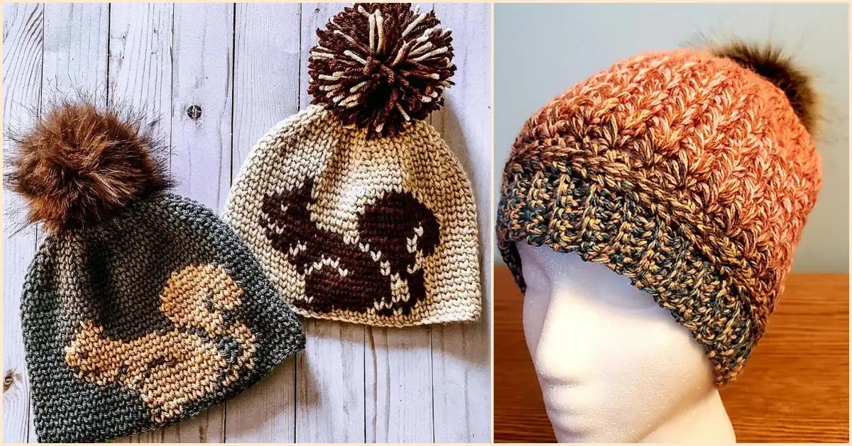 Fall Colored Beanie Free Crochet Patterns showcase a collection of cozy, autumnal beanies in vibrant red, orange, and brown hues.