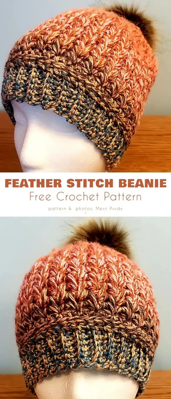 Elegant Feather Stitch Beanie crochet pattern, showcasing intricate textured stitches in a warm, solid fall color, ideal for beginners.
