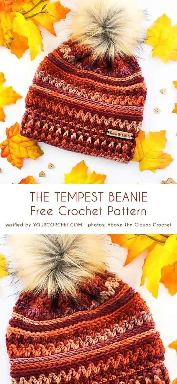 The Tempest Beanie free crochet pattern, an eye-catching design with vibrant, multi-colored stripes and unique texture, ideal for winter.