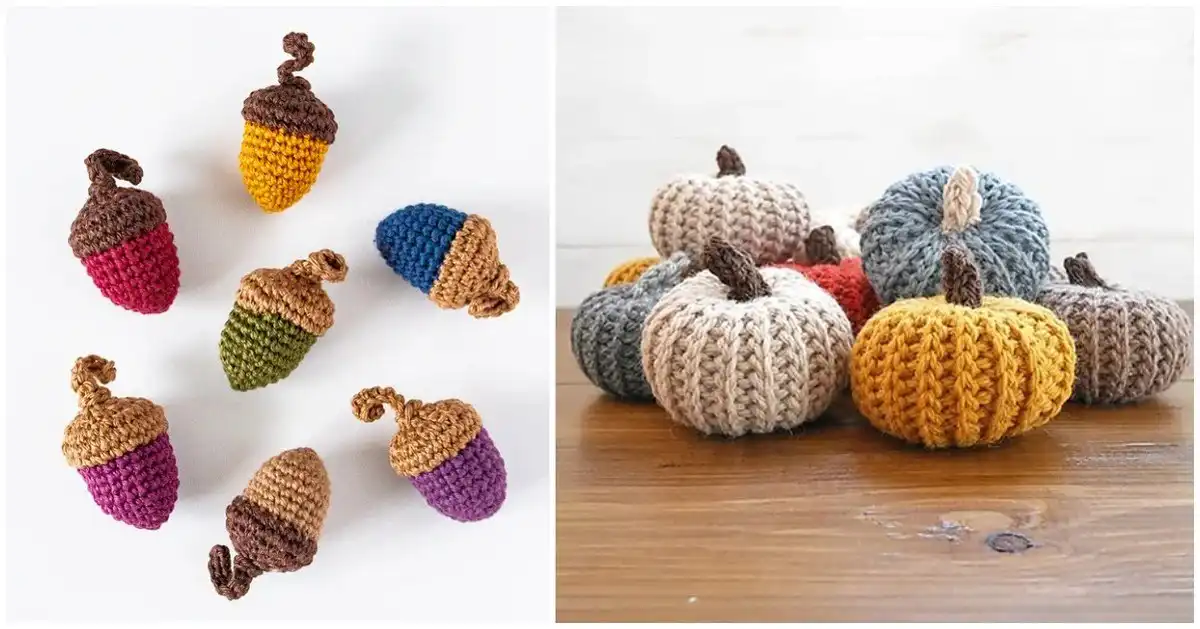 Vibrant fall-themed crochet decorations, including pumpkins and leaves, for cozy home styling