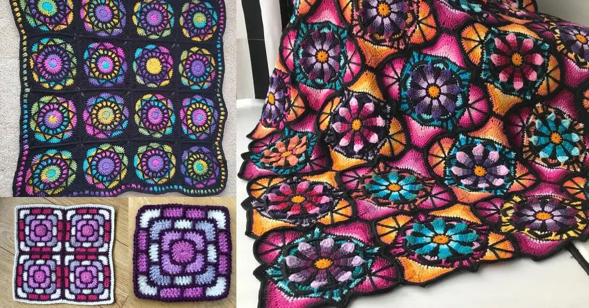A vibrant collection of Fantastic Stained Glass Square Free Crochet Patterns joined to form a colorful blanket or panel.