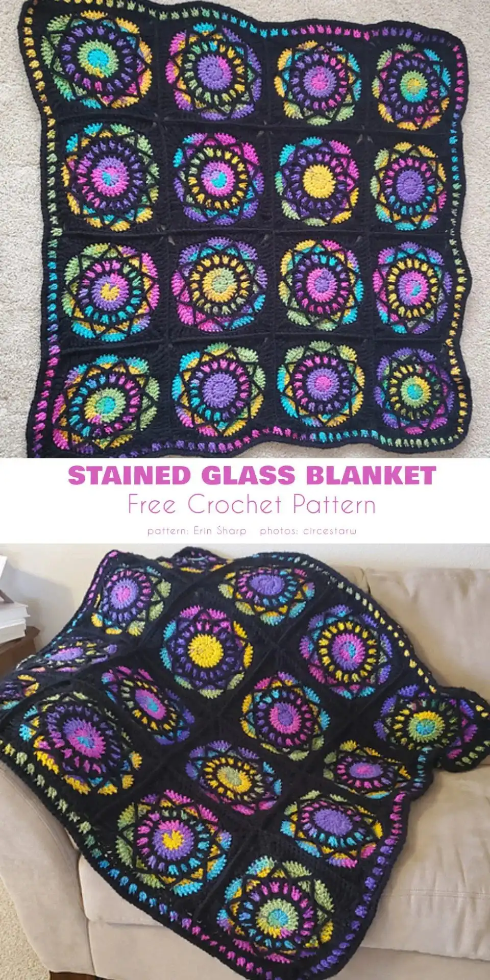 Close-up of the Classic Stained Glass Square free crochet pattern featuring a dark outline and bright inner colors.
