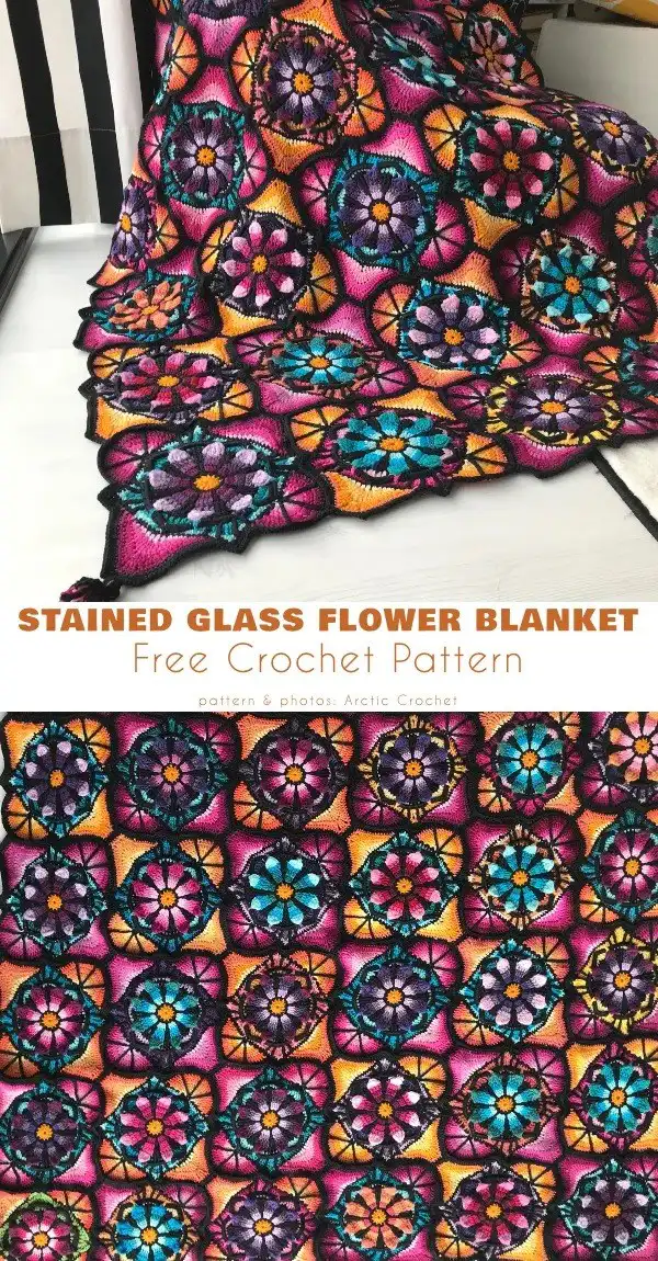 A section of a Stained Glass Flower Blanket, illustrating how individual squares combine to form larger floral motifs.
