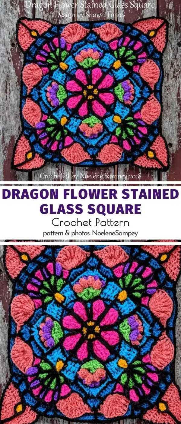 The Dragon Flower Stained Glass Square pattern, a complex design with bold colors and rich detail.