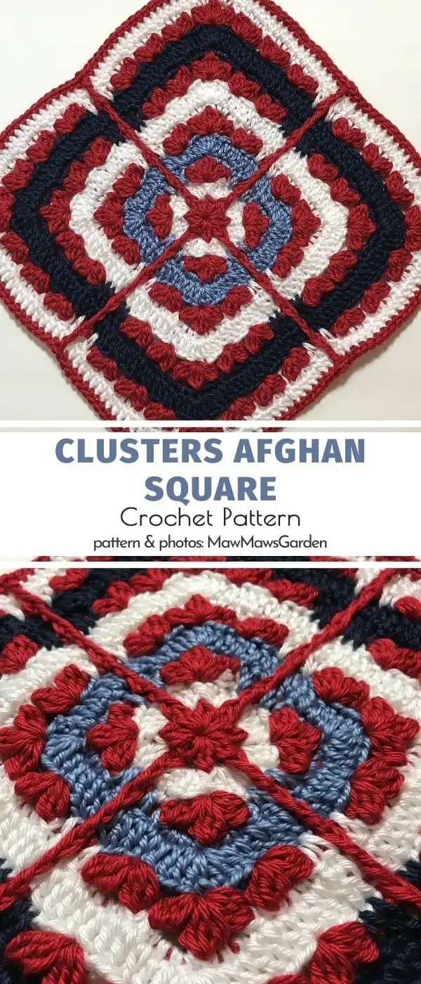 Textured Clusters Afghan Square crochet pattern, showcasing its dimensional stitch work and contrasting yarn colors.