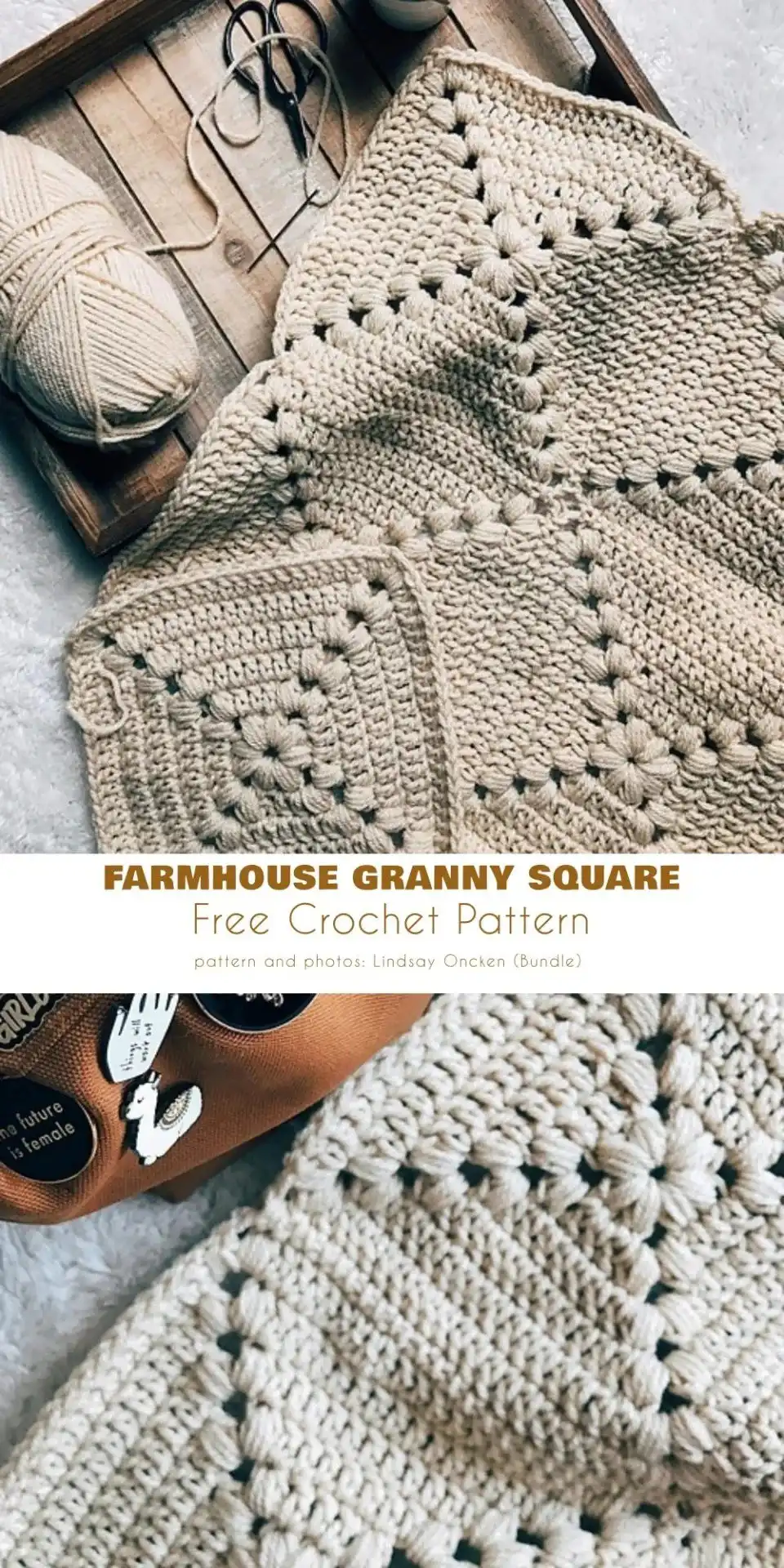 A single farmhouse granny square featuring pronounced diagonal puff stitches in a rustic color, demonstrating the free pattern technique.
