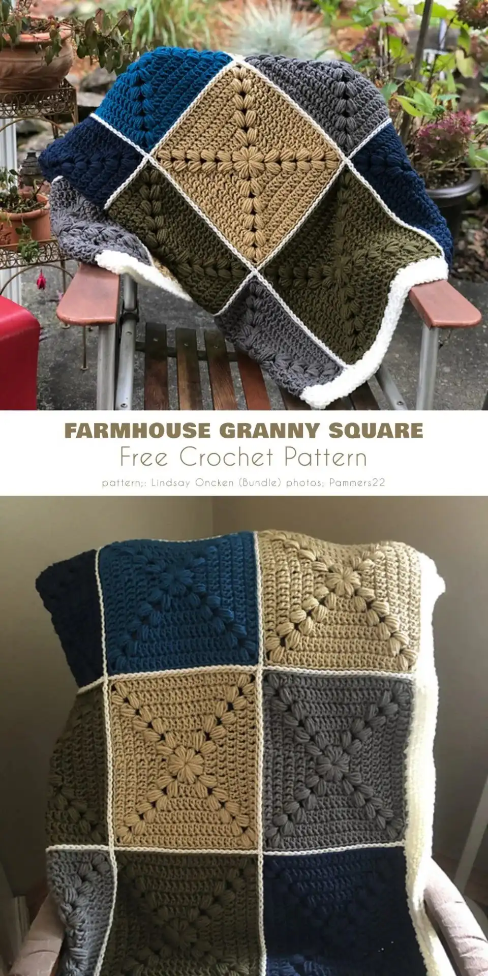 Multiple farmhouse granny squares joined to form part of a larger project, showcasing a harmonious color palette and overall design for a blanket or throw.