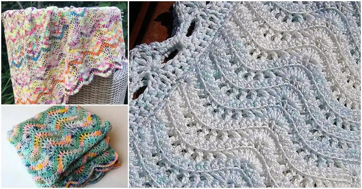 Close-up of a crocheted fabric showcasing the delicate wave pattern of Feather and Fan Stitch, in a soft pastel yarn.