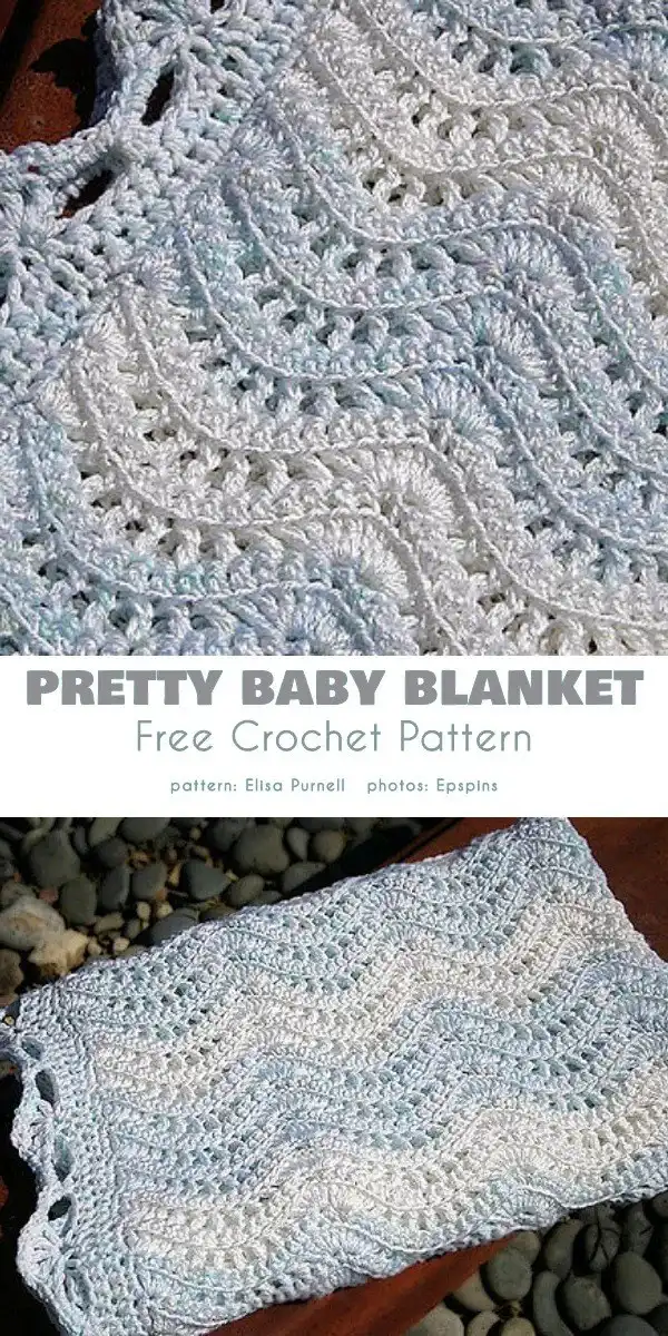 Soft pretty baby blanket crocheted with Feather and Fan Stitch in a gentle pastel color, neatly folded.
