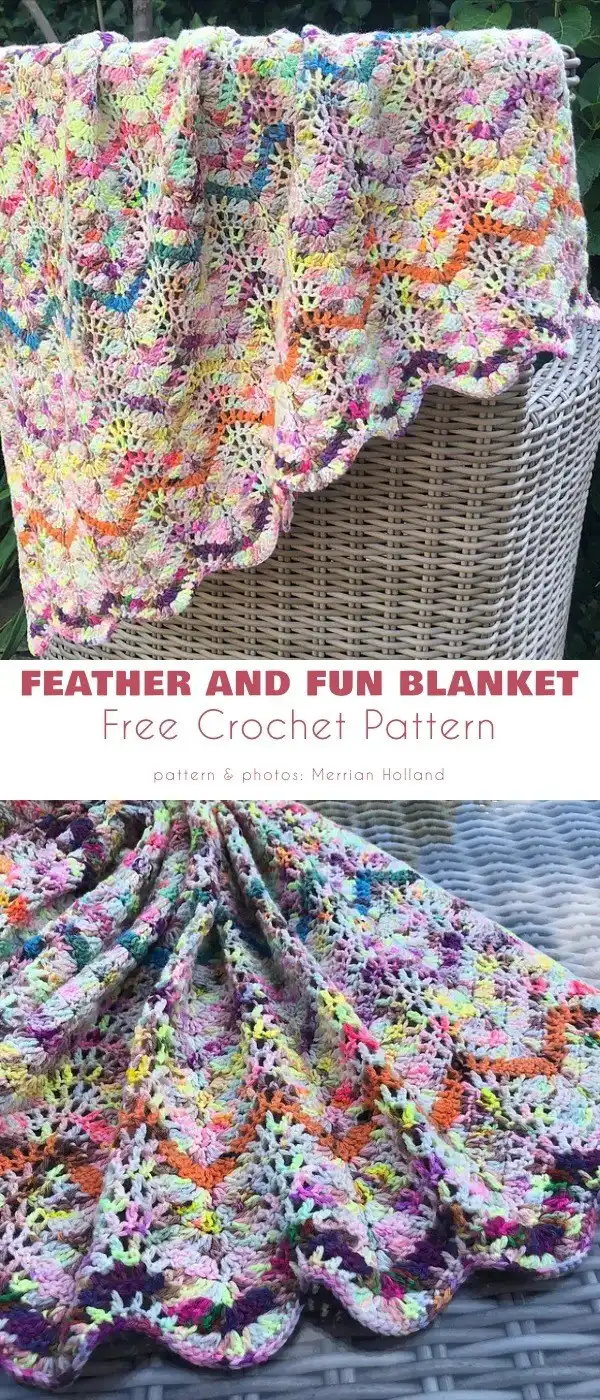 Vibrant Feather and Fun Blanket featuring colorful stripes and the distinctive wave pattern of the stitch.