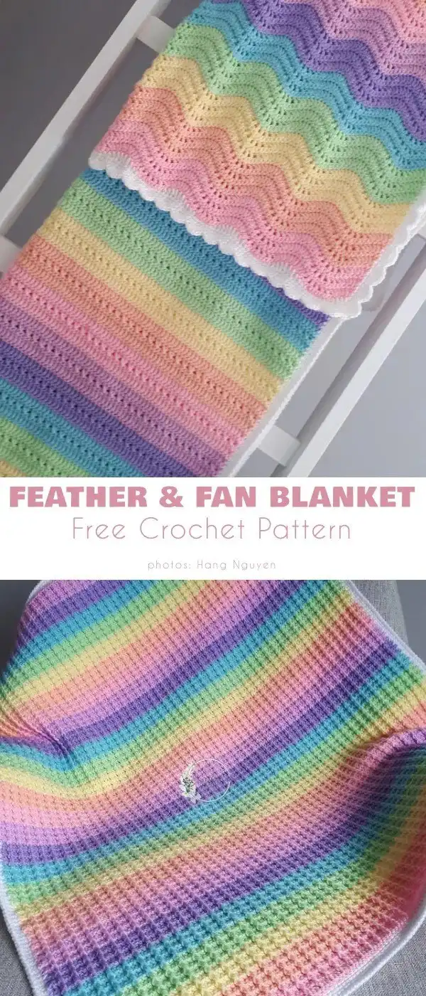 Dreamy Rainbow Feather and Fan Baby Blanket displaying a gentle pastel gradient through the wave stitch.