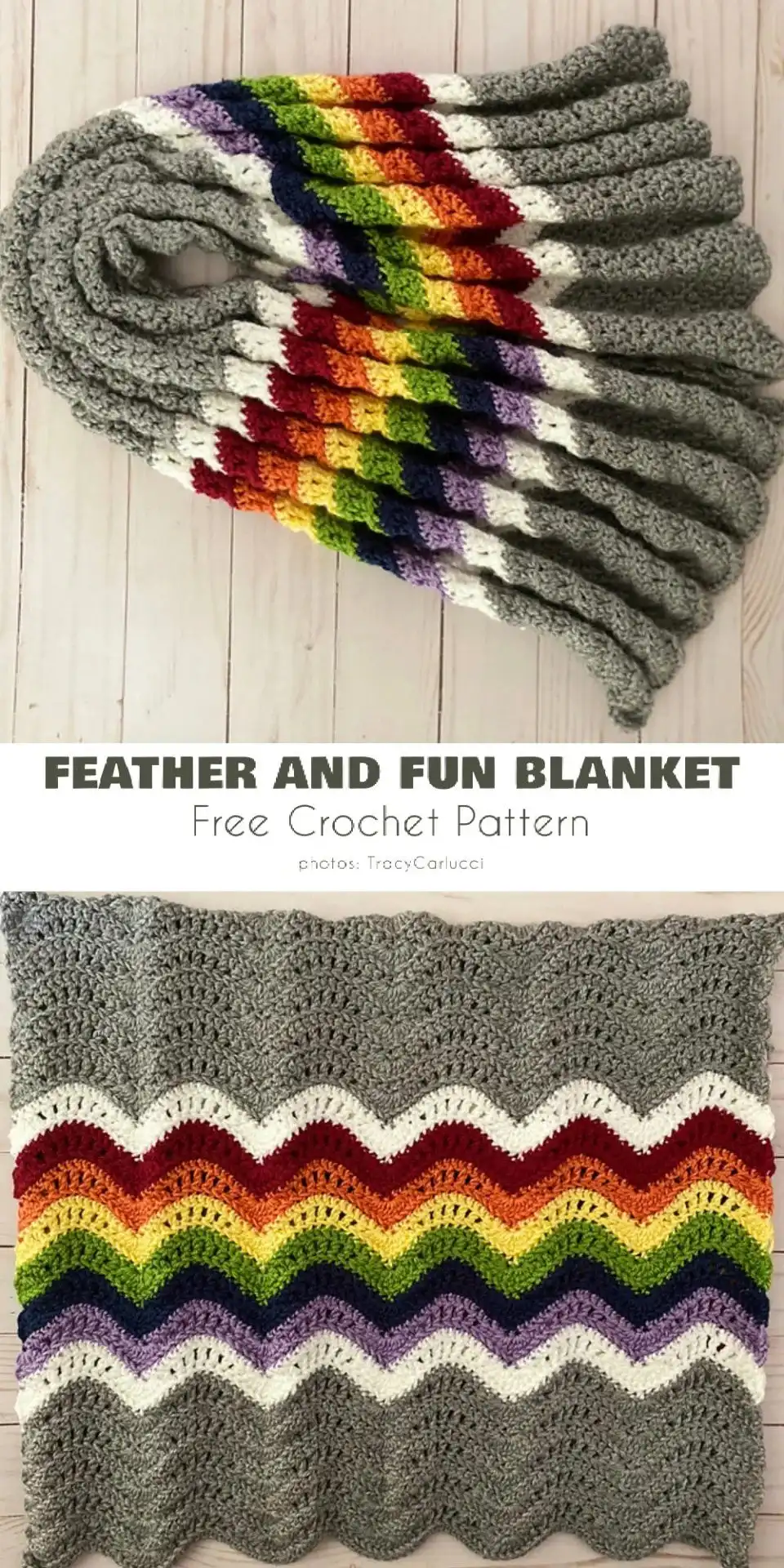 Modern Feather and Fun Stitch Blanket with bold, high-contrast rainbow stripes in a wave pattern.