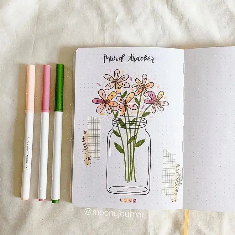 Simple heart mood tracker page in a bullet journal, with many small hearts to color in daily.