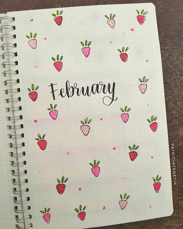 Elegant purple crystal illustrations forming a mystical theme on a February bullet journal cover page.