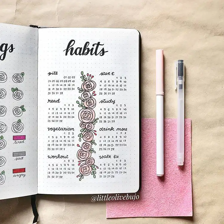 Creative weekly planner spread in a bullet journal with heart accents and an envelope design for one day.