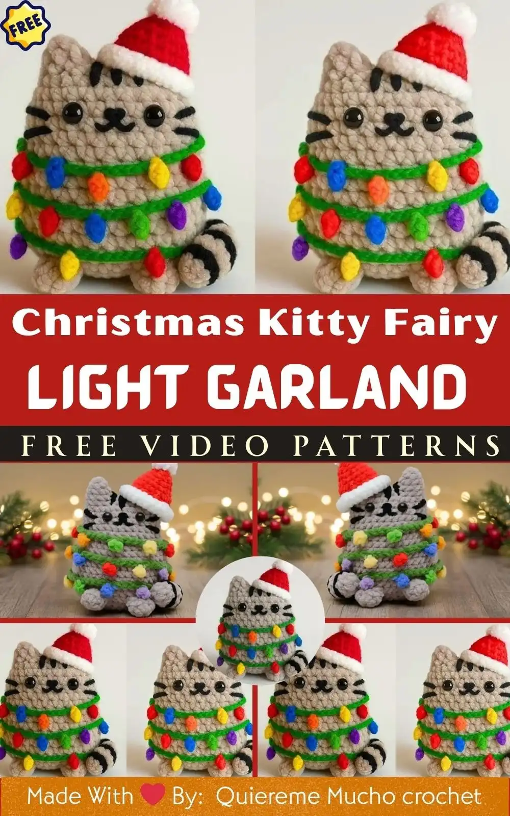 Close-up of crochet hooks, colorful yarn, and safety eyes – essential materials for Festive Crochet Christmas Kitty Fairy Light Garland