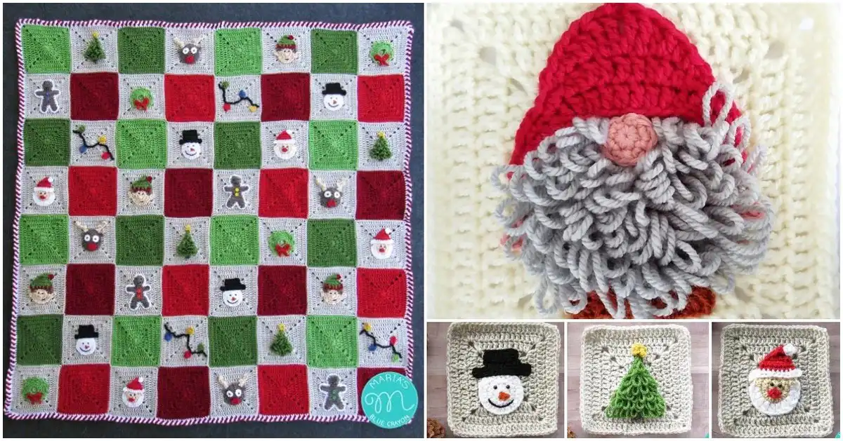 Festive Granny Square Free Crochet Patterns 1 A collection of colorful Festive Granny Square Free Crochet Patterns showcasing various holiday themes like gnomes, Christmas trees, and snowflakes.