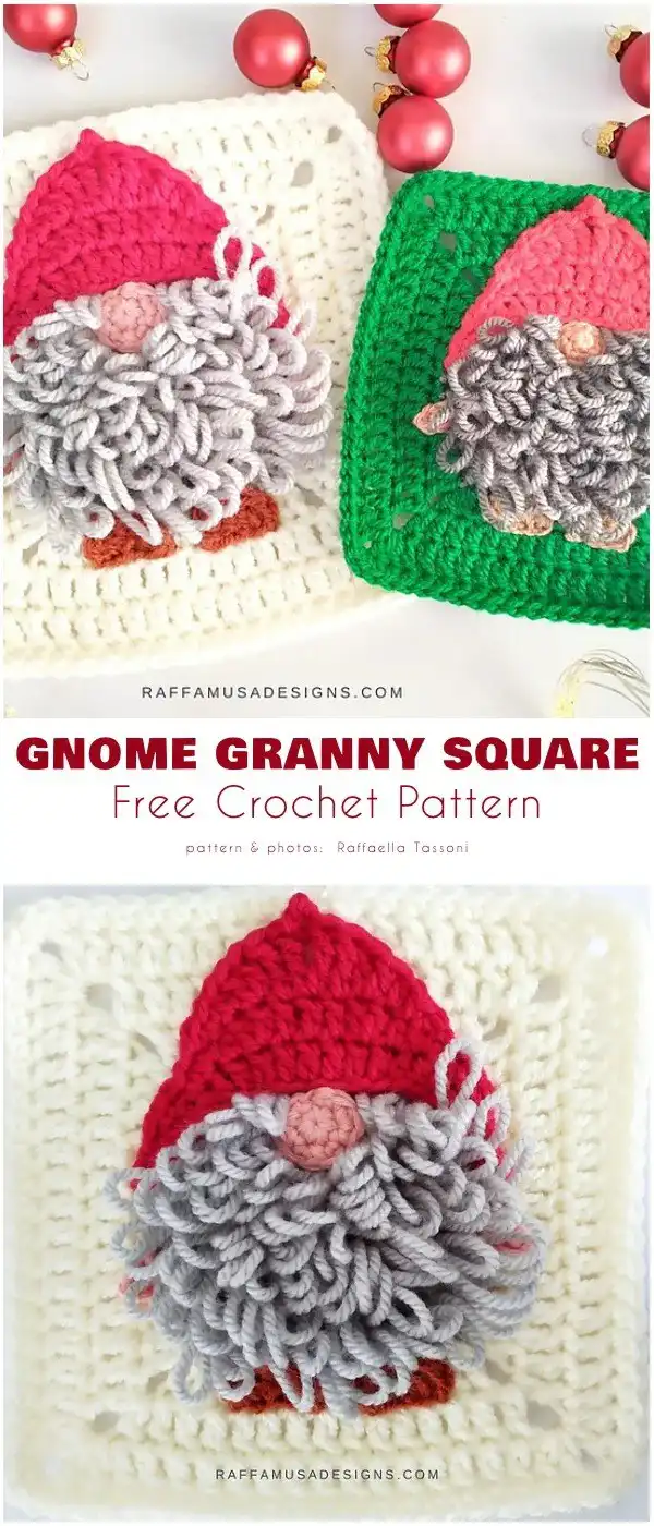 Festive Granny Square Free Crochet Patterns 2 Close-up of a crocheted Gnome Granny Square pattern in red and white yarn, featuring a charming gnome with a tall hat.