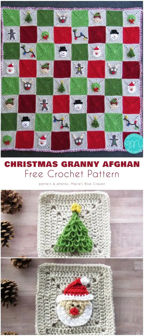 Festive Granny Square Free Crochet Patterns 3 Example of a Christmas Granny Afghan made from multiple festive granny squares in red, green, and white, draped over a cozy chair.