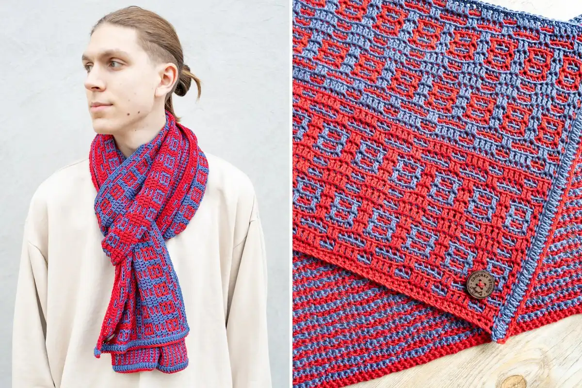 Stunning Fire and Ice Scarf Free Crochet Pattern in red and blue mosaic design, displayed on a wooden surface.
