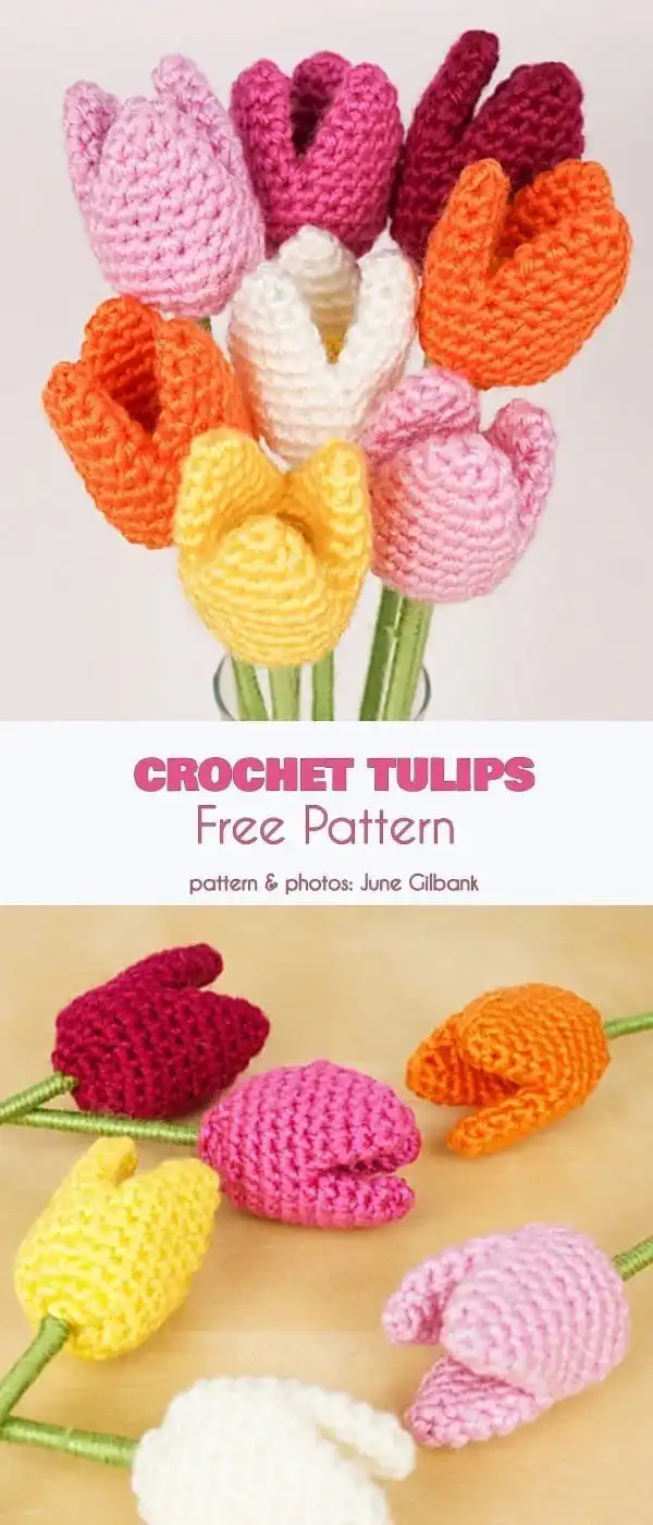 Small crocheted purple and yellow crocus flowers in a tiny decorative pot, illustrating Sweet Crocus Pot Decoration.