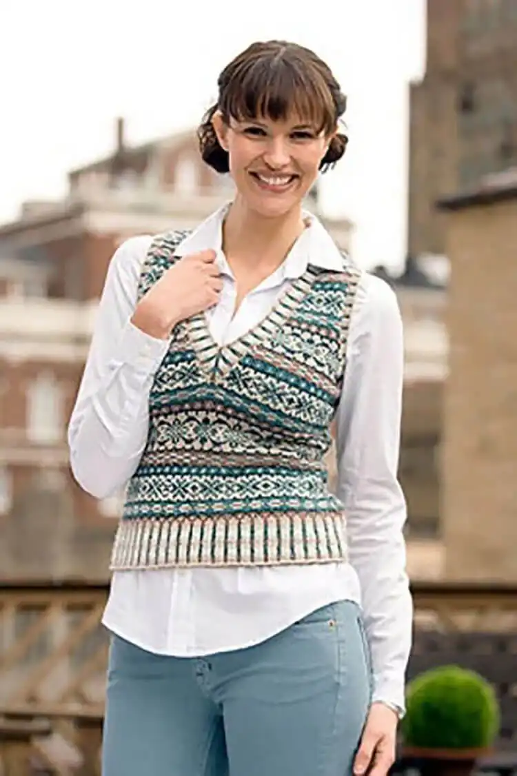 A classic Ivy League Vest showcasing a complex fair isle colorwork pattern in traditional hues.