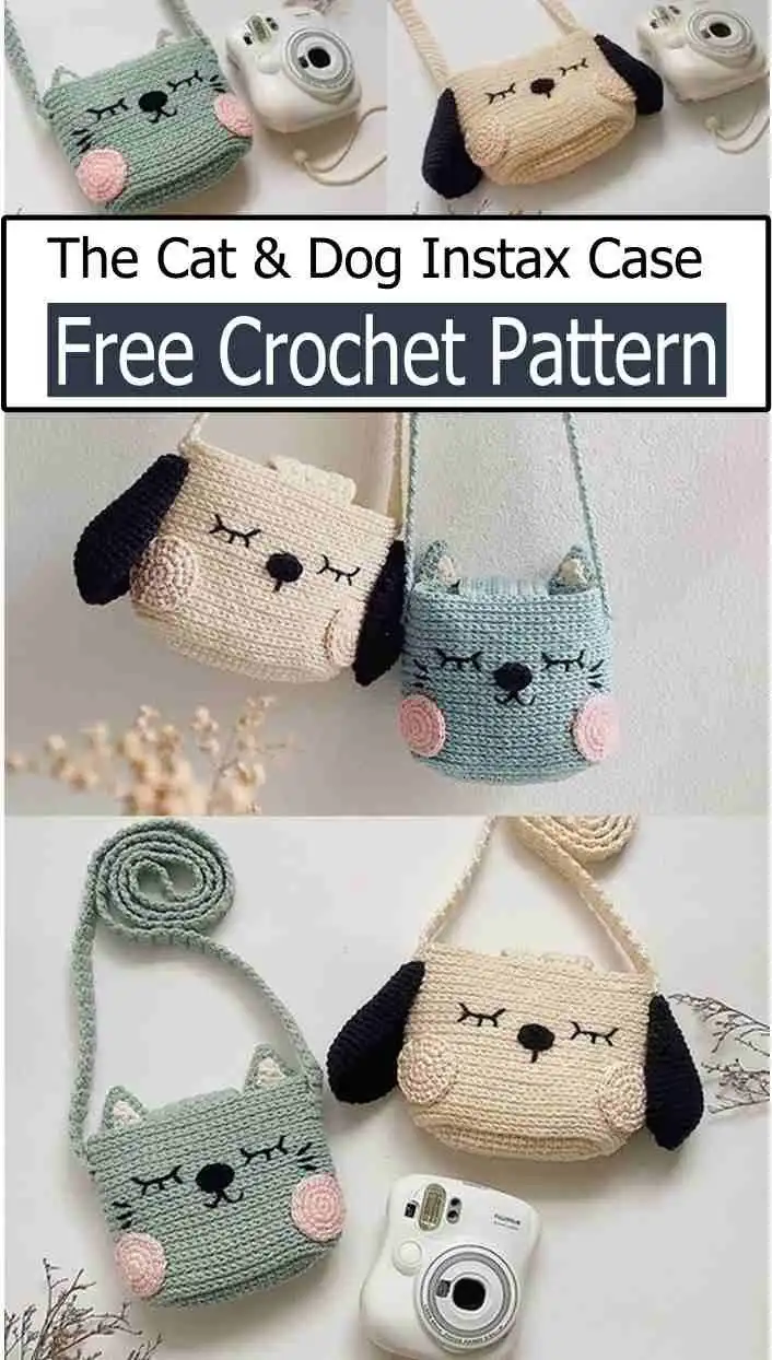 Crochet Cat and Dog Instax camera case, featuring soft yarn, safety eyes, and a secure button closure, perfect for Free Crochet Cat Case Pattern For beginner-friendly.