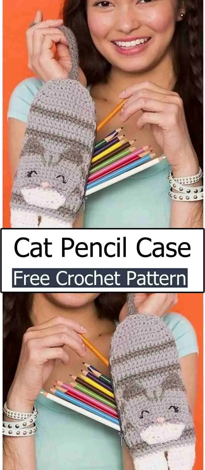 Handmade crochet cat pencil case in grey and white, with embroidered whiskers and felt ears, illustrating a Free Crochet Cat Case Pattern For beginner-friendly.