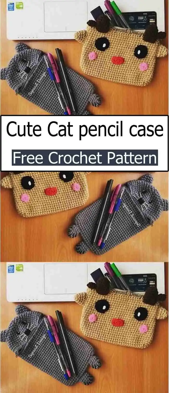 Adorable crochet cat pencil case in pastel colors with bright safety eyes and a pink nose, a delightful example of a Free Crochet Cat Case Pattern For beginner-friendly.