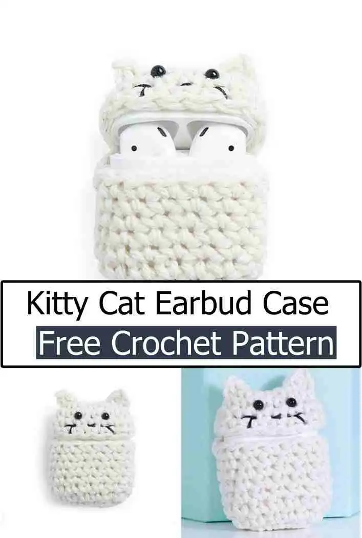 Miniature crochet kitty cat earbud case with a button closure and embroidered face, a sweet Free Crochet Cat Case Pattern For beginner-friendly accessory.