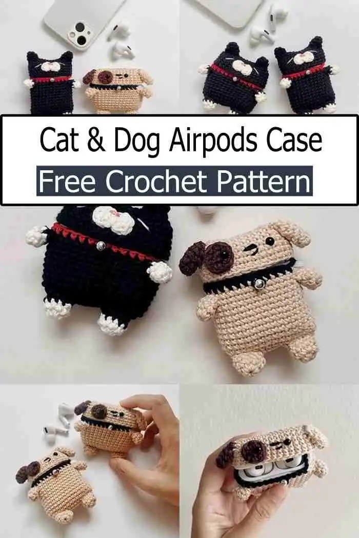 Crochet Cat and Dog AirPods case, showing intricate details of pet faces in soft yarn, a creative Free Crochet Cat Case Pattern For beginner-friendly.