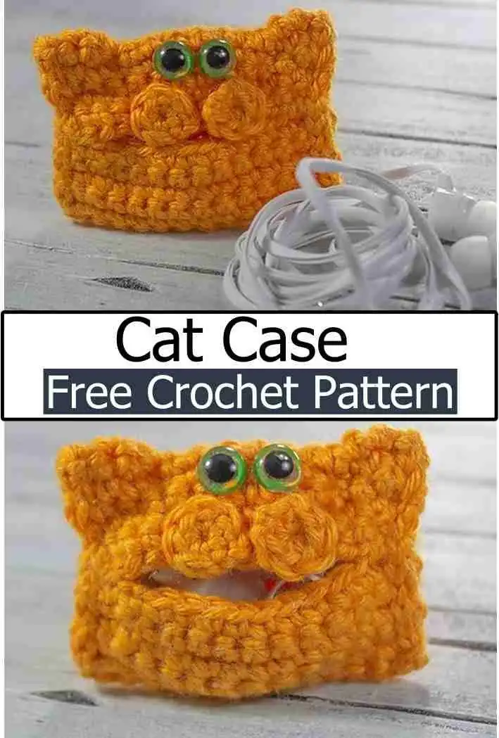 Versatile crochet cat case in a neutral color, with felt ears and embroidered whiskers, suitable for various small essentials, part of a Free Crochet Cat Case Pattern For beginner-friendly guide.