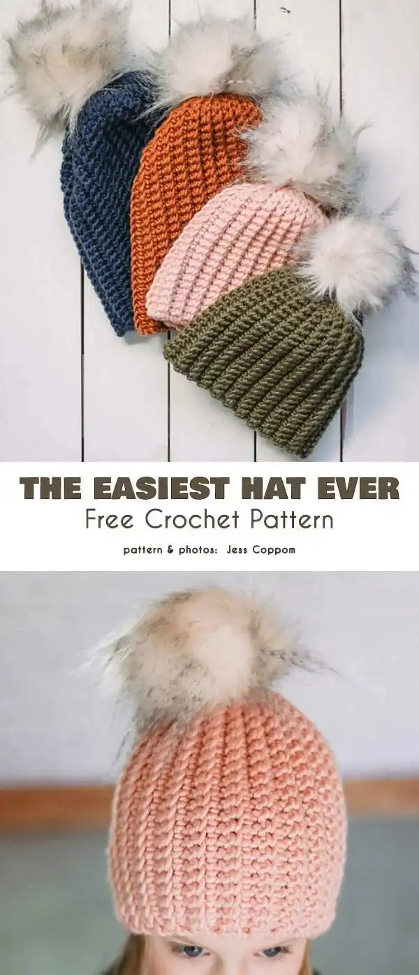 A grey crocheted hat with a yarn pom-pom on a bamboo tray, showcasing the Easy Everyday Beanie from Free Crochet Hat Patterns for Babies and Kids.