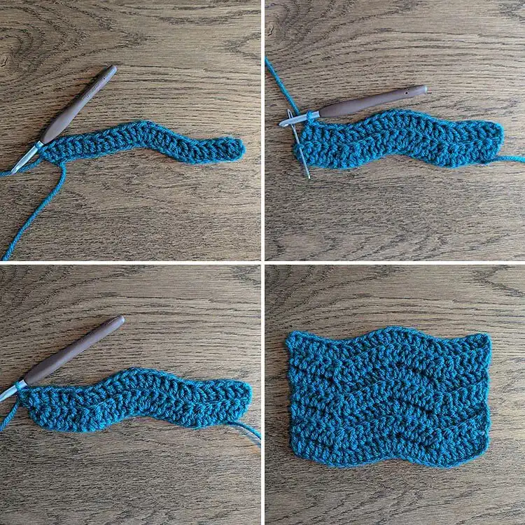 Hands crocheting a ripple stitch pattern, demonstrating the technique for the Free Crochet Pattern for a Ripple Stitch Blanket Fun and Beginner Friendly.