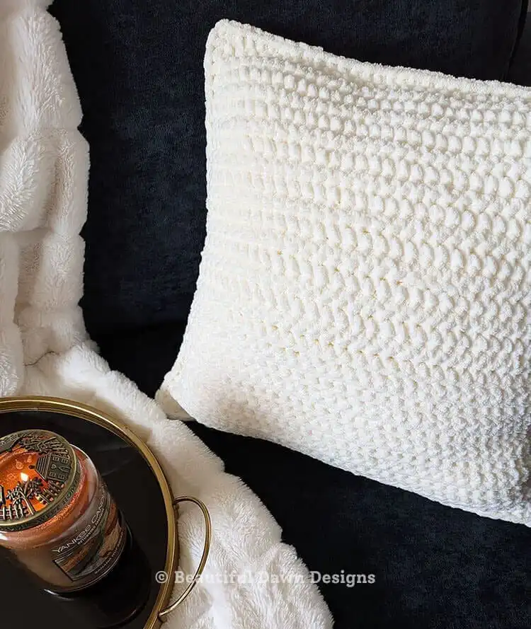 Vintage white crocheted pillow panel demonstrating the ribbed texture created by the Free Crochet Pillow Pattern Using Super Bulky Bernat Blanket Yarn stitches.