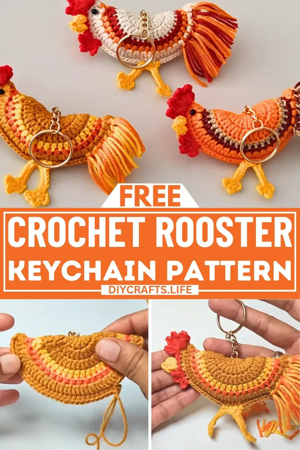 Finished Free Crochet Rooster Keychain Pattern with attached black eyes and keychain clip, ready for use.