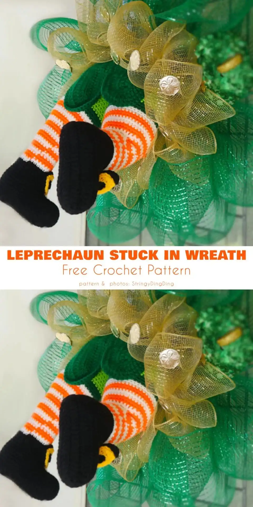 Whimsical crochet wreath with a leprechaun's head and hat peeking from the top, part of Free Crochet Shamrock Doily Pattern St. Patricks Decor collection.