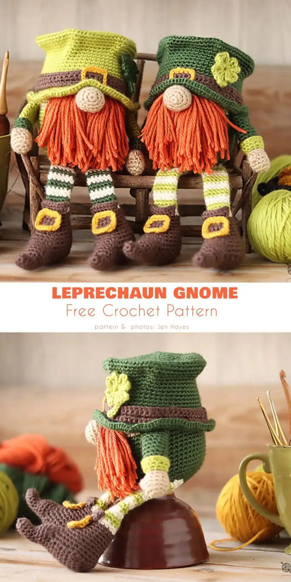 Cute crochet leprechaun gnome with a green hat and white beard, perfect for Free Crochet Shamrock Doily Pattern St. Patricks Decor.
