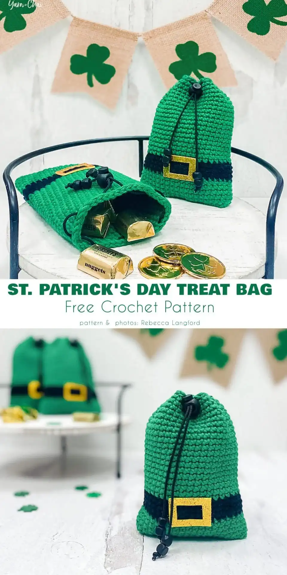 Green crochet treat bag with a white shamrock design, ideal for St. Patrick's Day goodies.