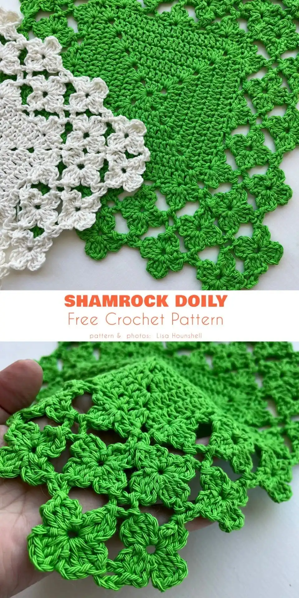 Elegant white crochet shamrock doily with intricate lacework, a classic Free Crochet Shamrock Doily Pattern St. Patricks Decor piece.