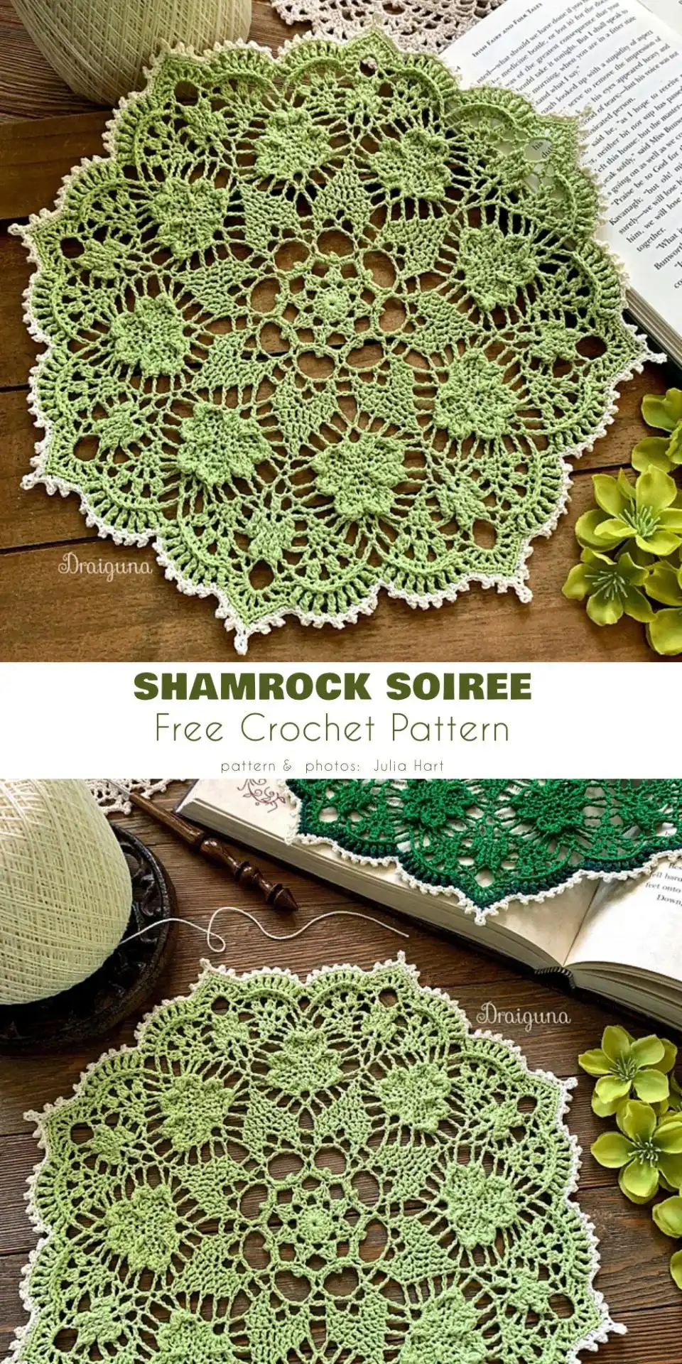 Delicate and highly detailed crochet doily with multiple shamrock motifs, showcasing advanced lacework.