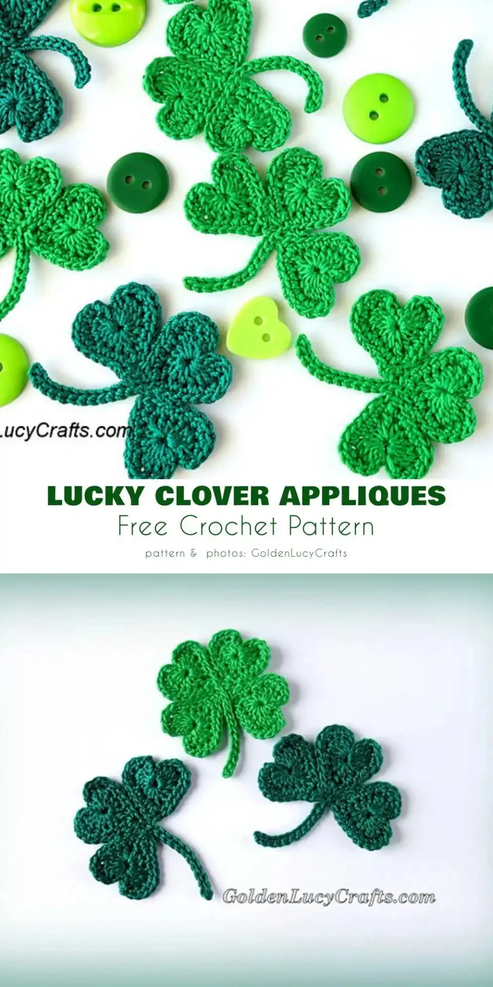 Assortment of small green crochet shamrock and clover appliqués, versatile for various crafts.
