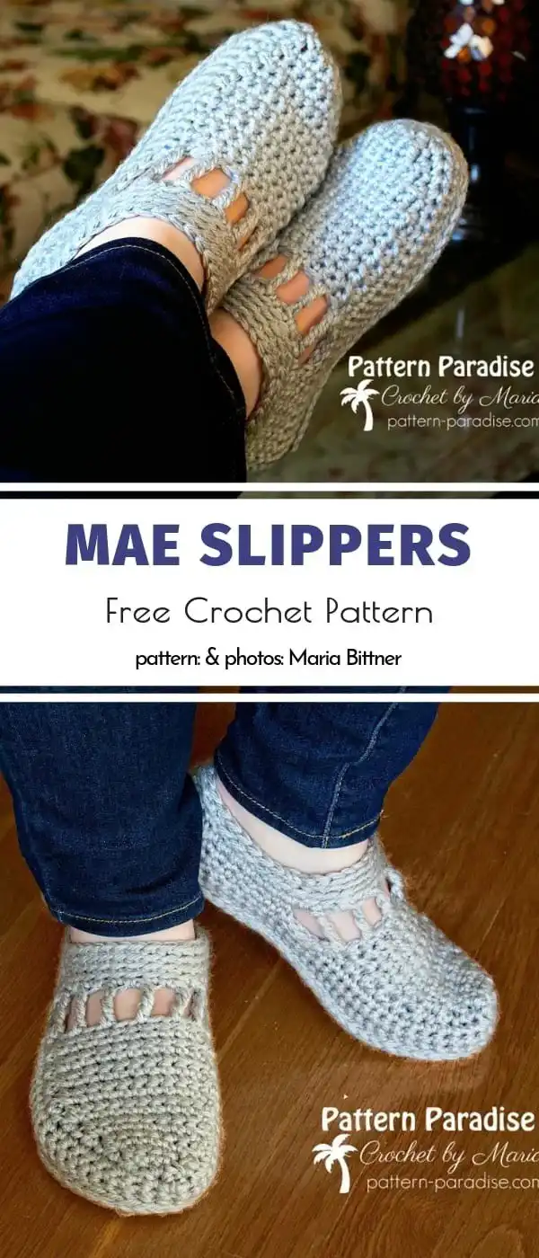 Close-up of Mae Slippers Free Crochet Pattern with intricate front detailing in a soft yarn