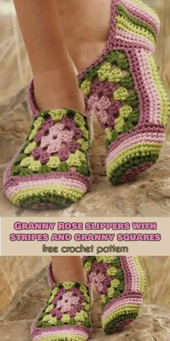Granny Rose Slippers Free Crochet Pattern showing striped base and granny square top