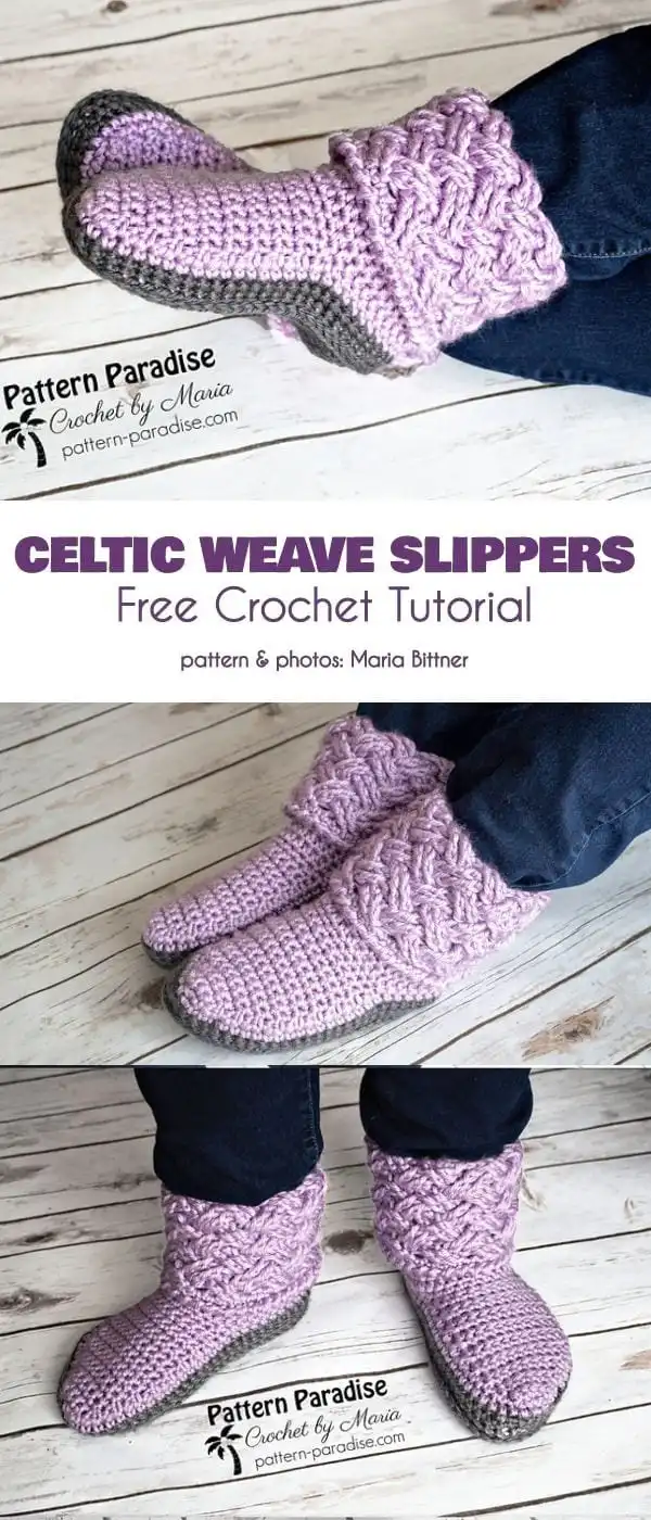 Celtic Weave Slippers Free Crochet Pattern showcasing intricate knot-work on the cuff