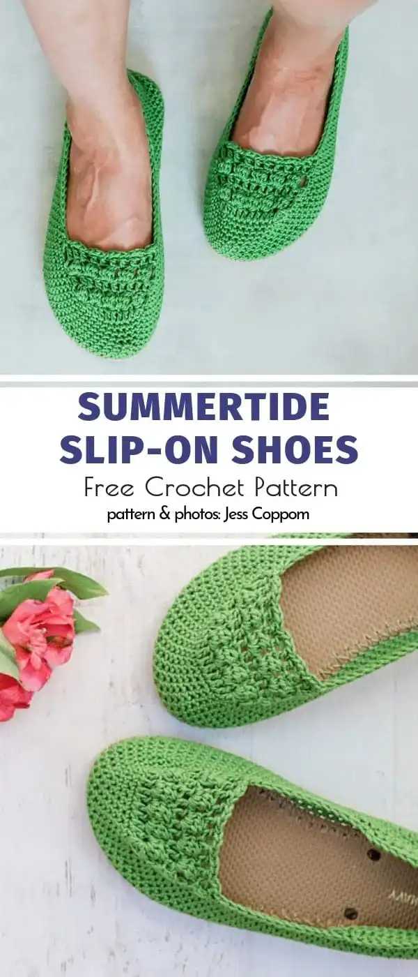 Summertide Slip-On Shoes Free Crochet Pattern in vibrant green with a sturdy flip-flop sole