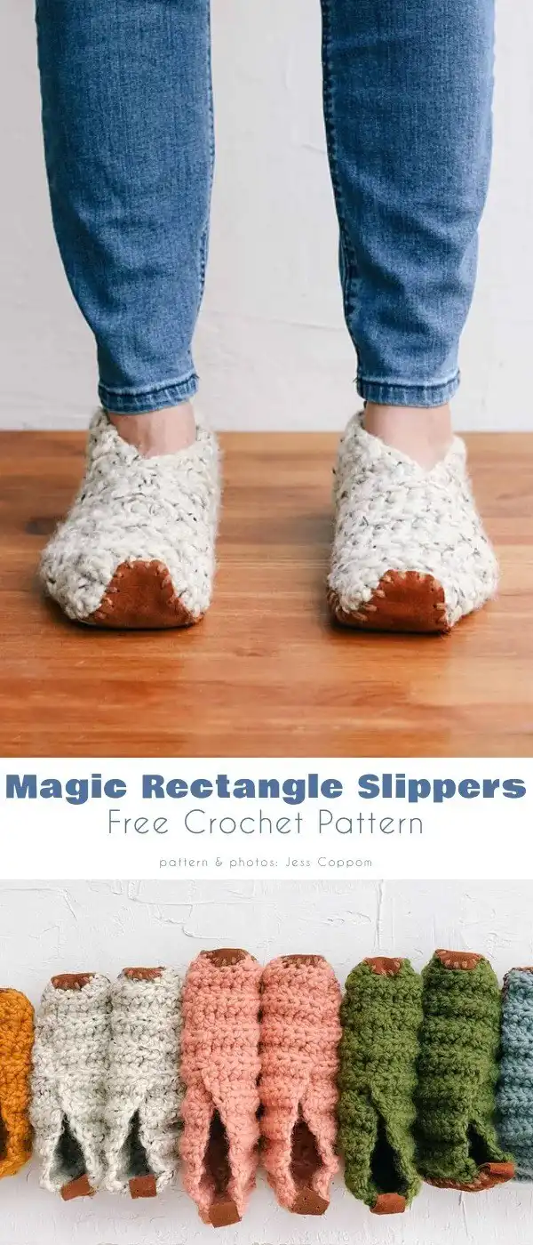 Magic Rectangle Slippers Free Crochet Pattern with leather soles and a shapely design