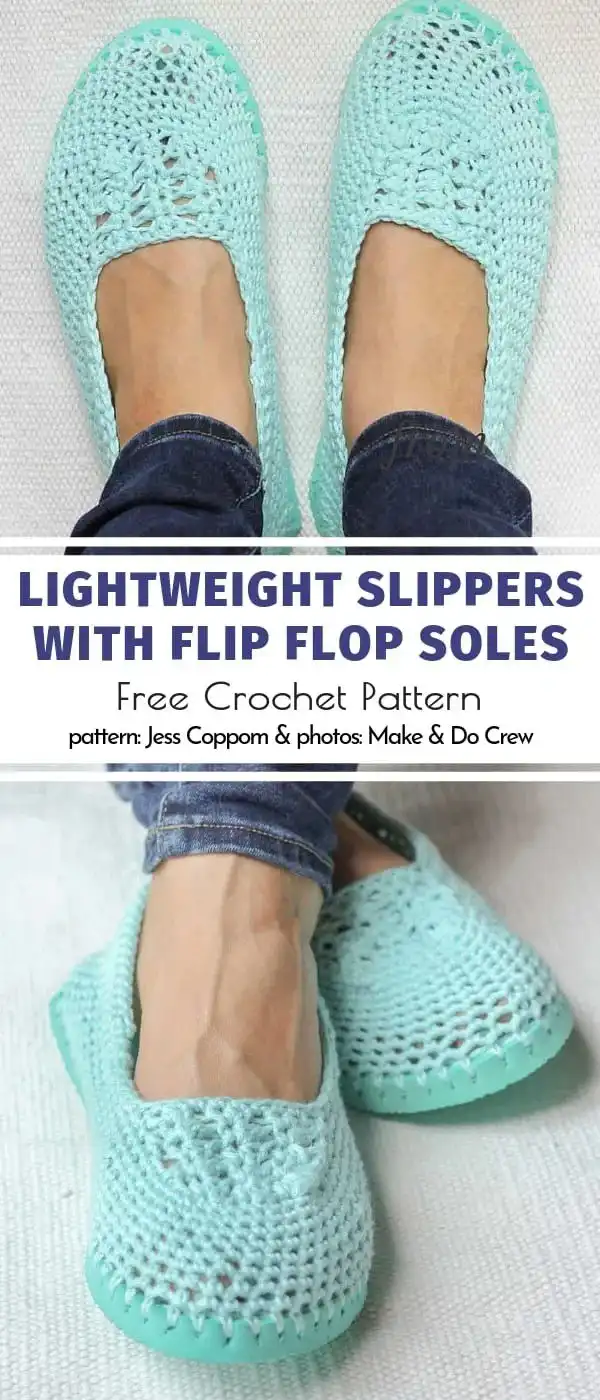 Lightweight Slippers with Flip Flop Soles Free Crochet Pattern in pastel mint, ideal for summer